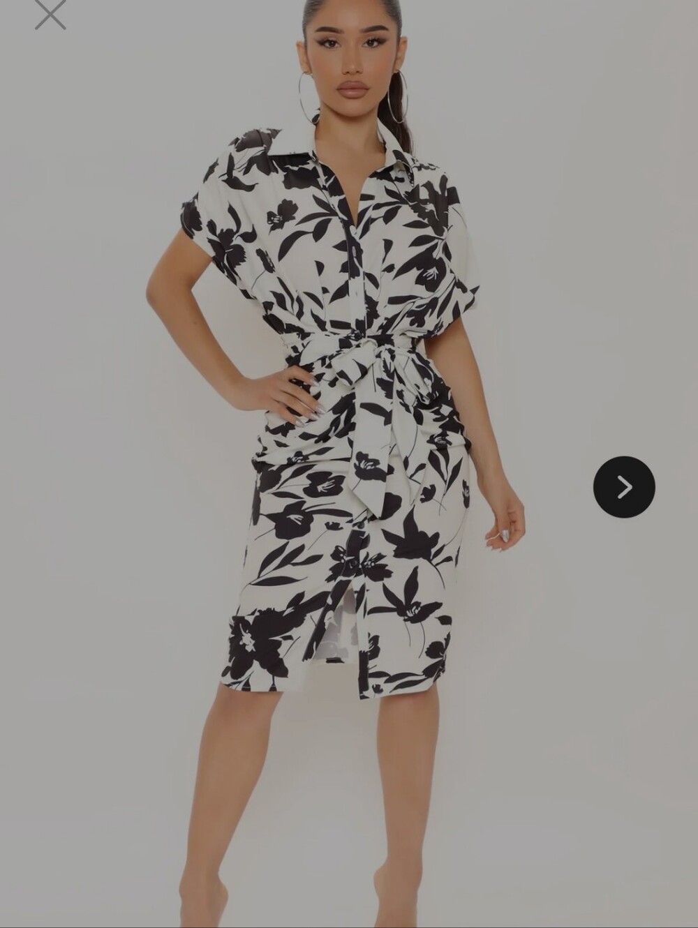 Fashion Nova Black & White Floral Tie-Waist Midi Dress